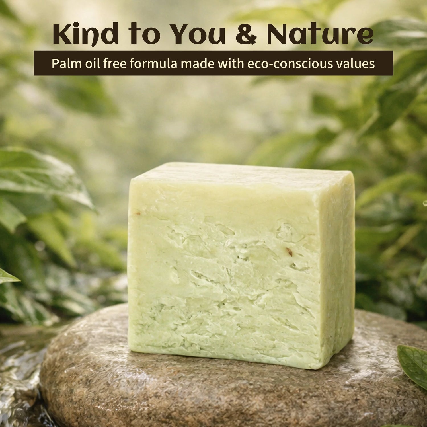 A rectangular bar of pale green soap standing upright on a wet stone, with blurred green foliage in the background. Text at the top reads, 'Kind to You & Nature' and 'Palm oil free formula made with eco-conscious values.