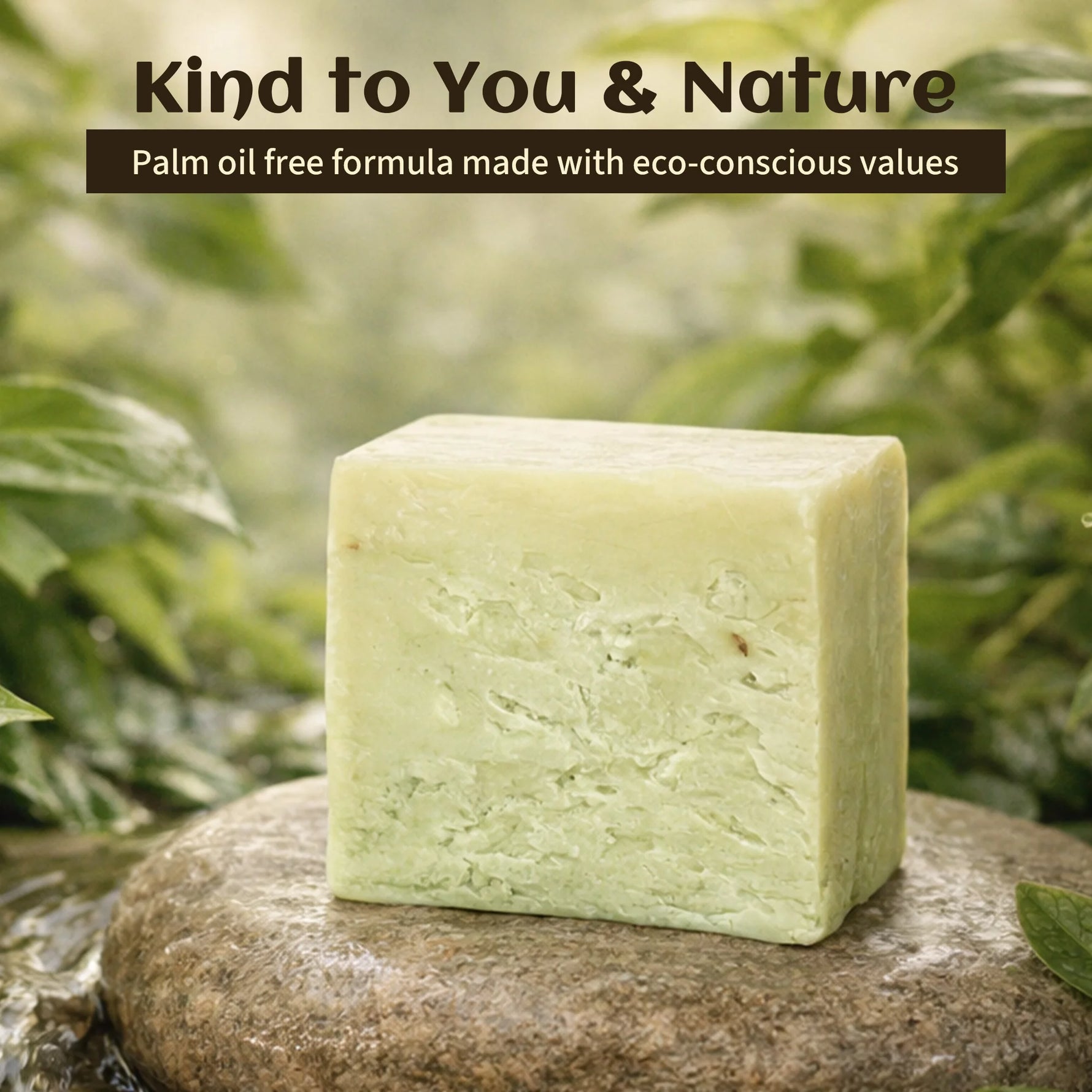 A rectangular bar of pale green soap standing upright on a wet stone, with blurred green foliage in the background. Text at the top reads, 'Kind to You & Nature' and 'Palm oil free formula made with eco-conscious values.