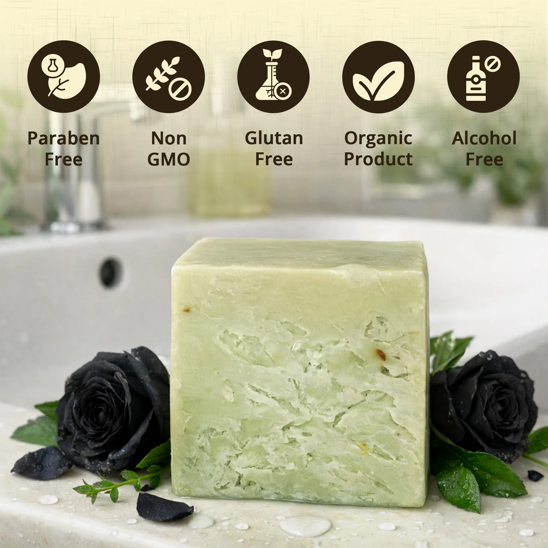 A rectangular bar of pale green soap stands on a white surface in front of a sink, styled with black roses and green leaves. Above the soap, five circular icons read 'Paraben Free', 'Non GMO', 'Gluten Free', 'Organic Product', and 'Alcohol Free'.