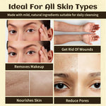 A promotional collage for a facial cleansing product with text reading 'Ideal For All Skin Types' and several before/after-style skin close-ups. The panels mention benefits such as removing makeup, nourishing skin, reducing pores, and healing wounds, but no actual packaged product is shown.