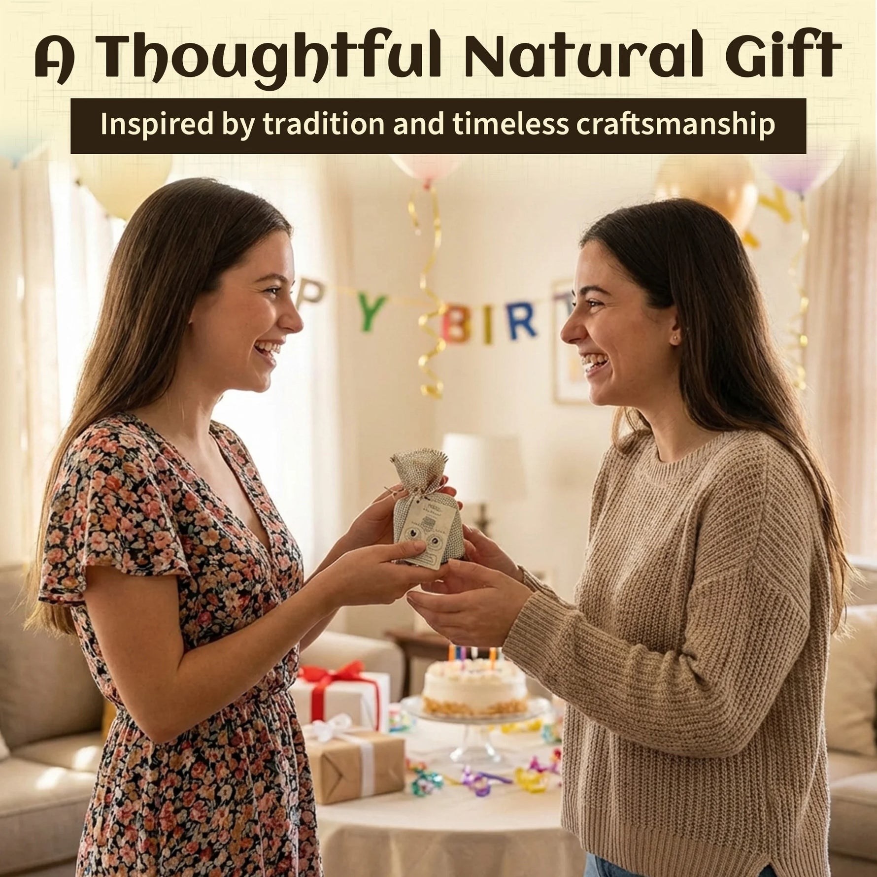 Two women smiling and exchanging a wrapped gift in a decorated birthday living room. Large text at the top reads 'A Thoughtful Natural Gift' with a subtitle 'Inspired by tradition and timeless craftsmanship.
