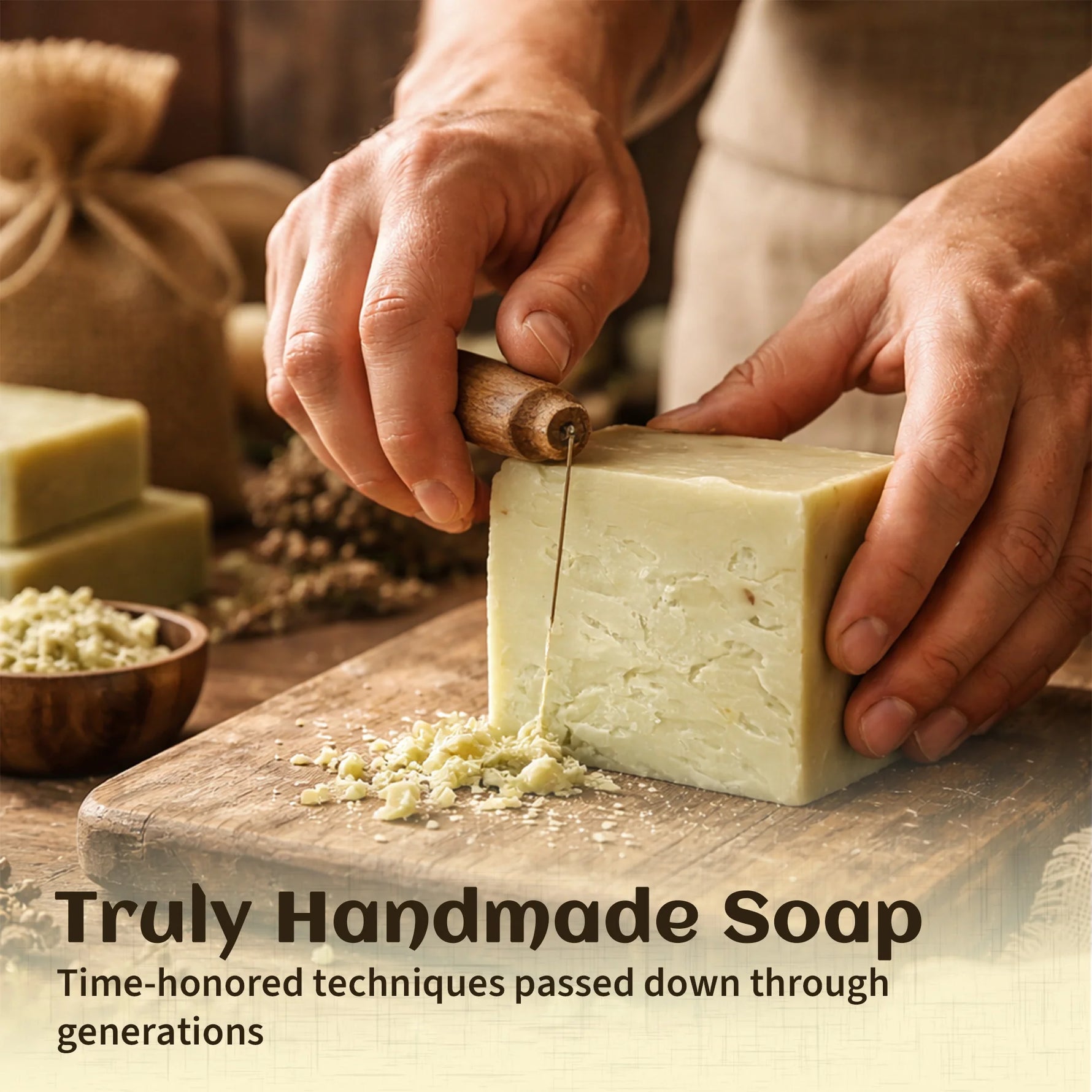 Person cutting a bar of soap with a knife on a wooden surface, with text 'Truly Handmade Soap' and 'Time-honored techniques passed down through generations'.
