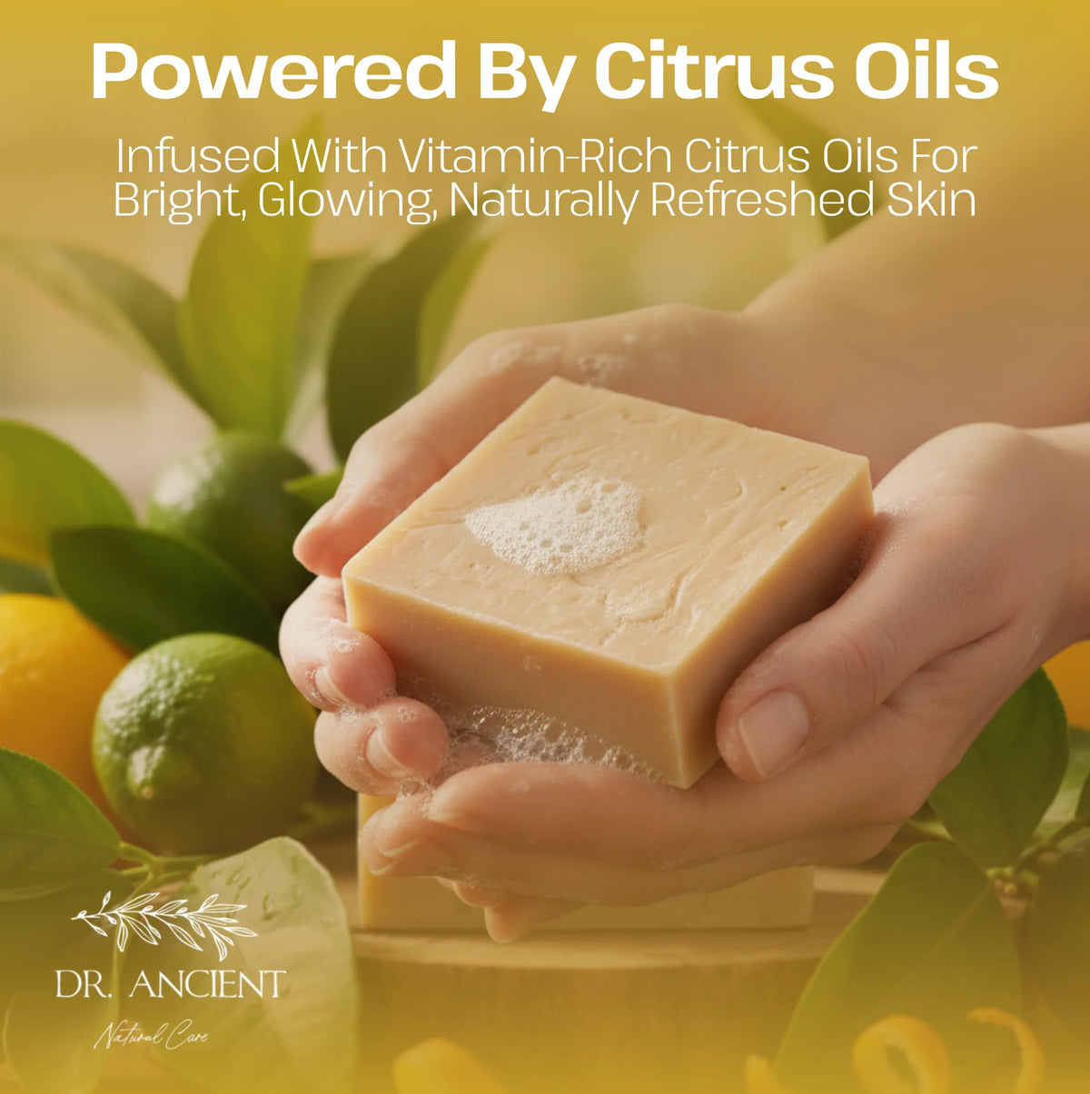 A hand holds a square bar of warm beige soap with a small foamy top, surrounded by citrus fruits and green leaves. Large text at the top reads 'Powered By Citrus Oils' and the bottom-left logo reads 'DR.
