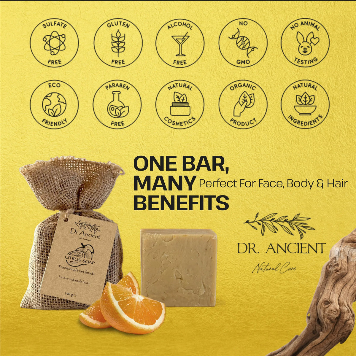 A bar of natural soap shown on a bright yellow background with promotional text and icons. The soap bar is light beige, next to orange slices and a burlap bag with a tag.