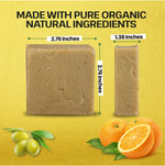 A bar of natural soap shown on a yellow background with text reading 'MADE WITH PURE ORGANIC NATURAL INGREDIENTS' and dimensions labeled 2.76 inches by 1.