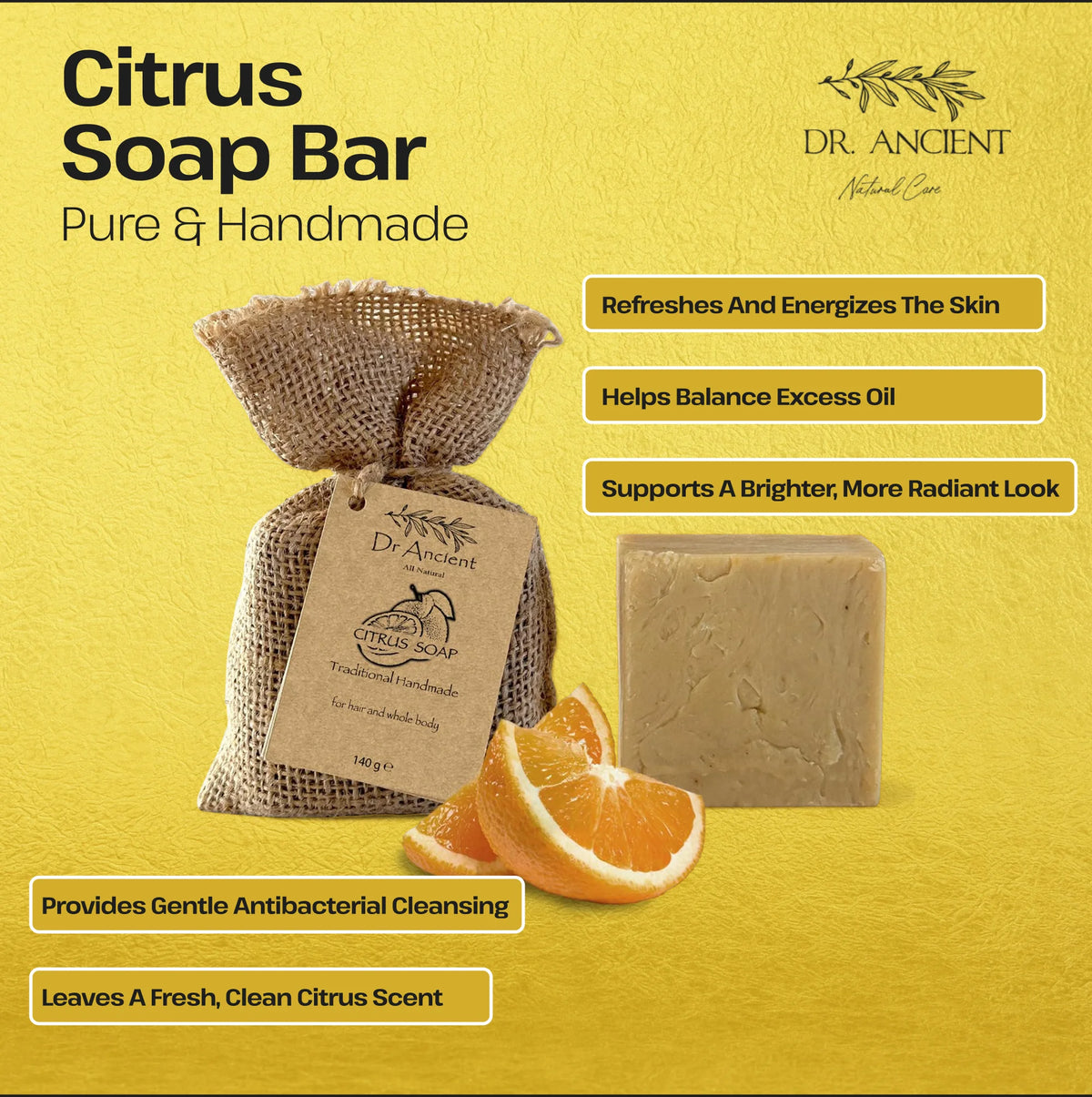 A bar of Dr. Ancient Natural Care Citrus Soap Bar shown next to a burlap bag and orange slices on a textured yellow background with promotional text.