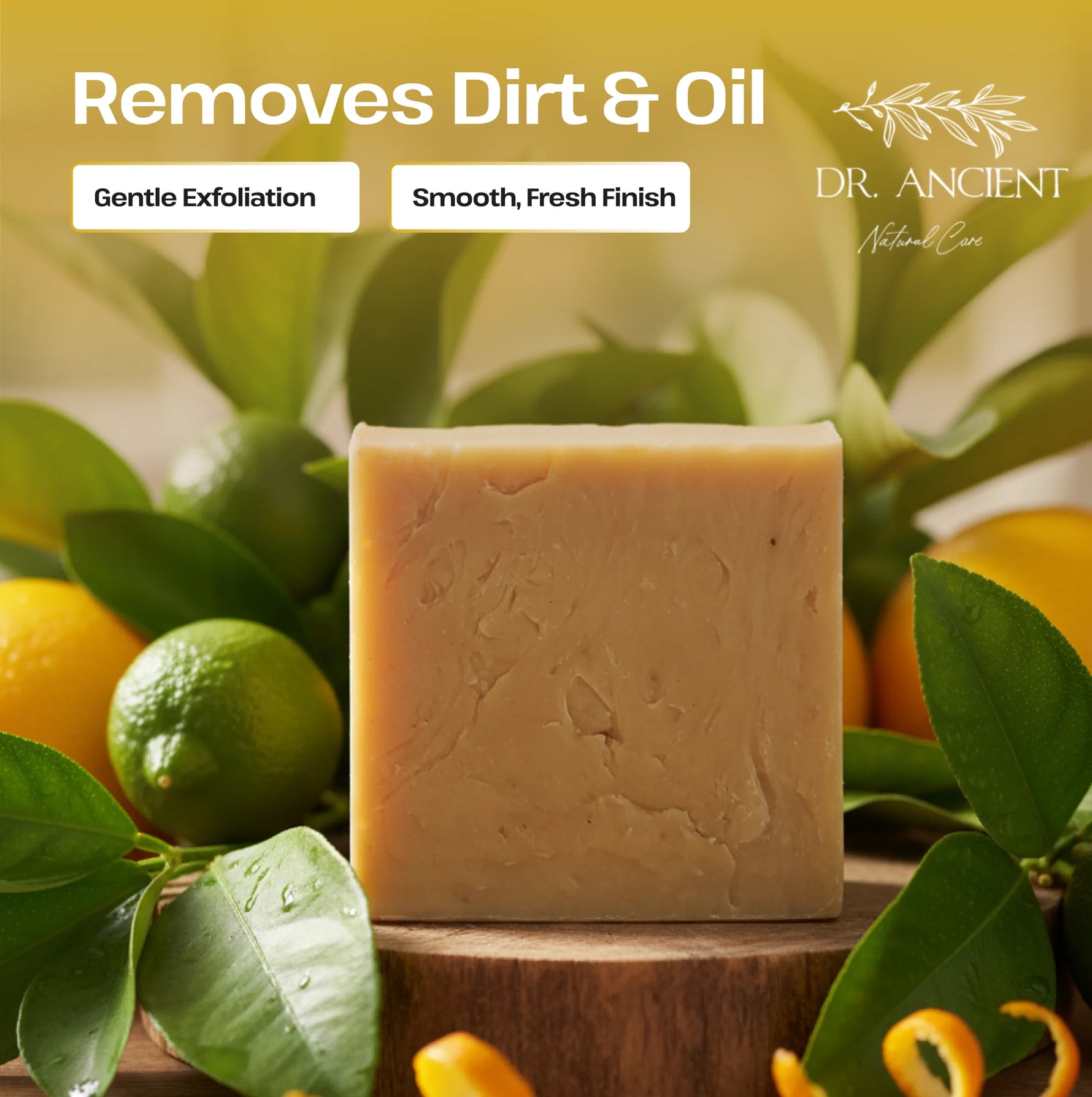 Bar of soap with lemons and limes on a wooden surface, featuring the brand 'Dr. Ancient'.