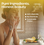 A woman with closed eyes washes her face with soap foam in a bathroom setting, overlaid with promotional text for Dr. Ancient Natural Beauty.