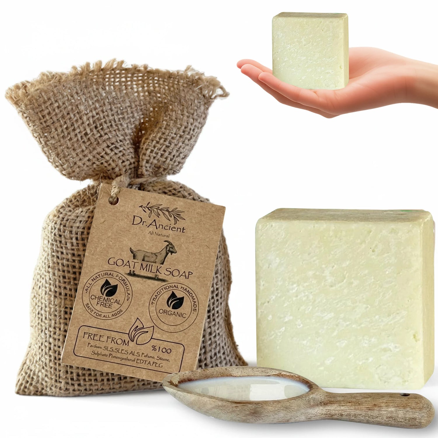 Dr. Ancient goat milk soap with packaging and a bar of soap held by a hand on a white background