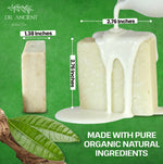 Dr. Ancient soap bars with measurements and a green background