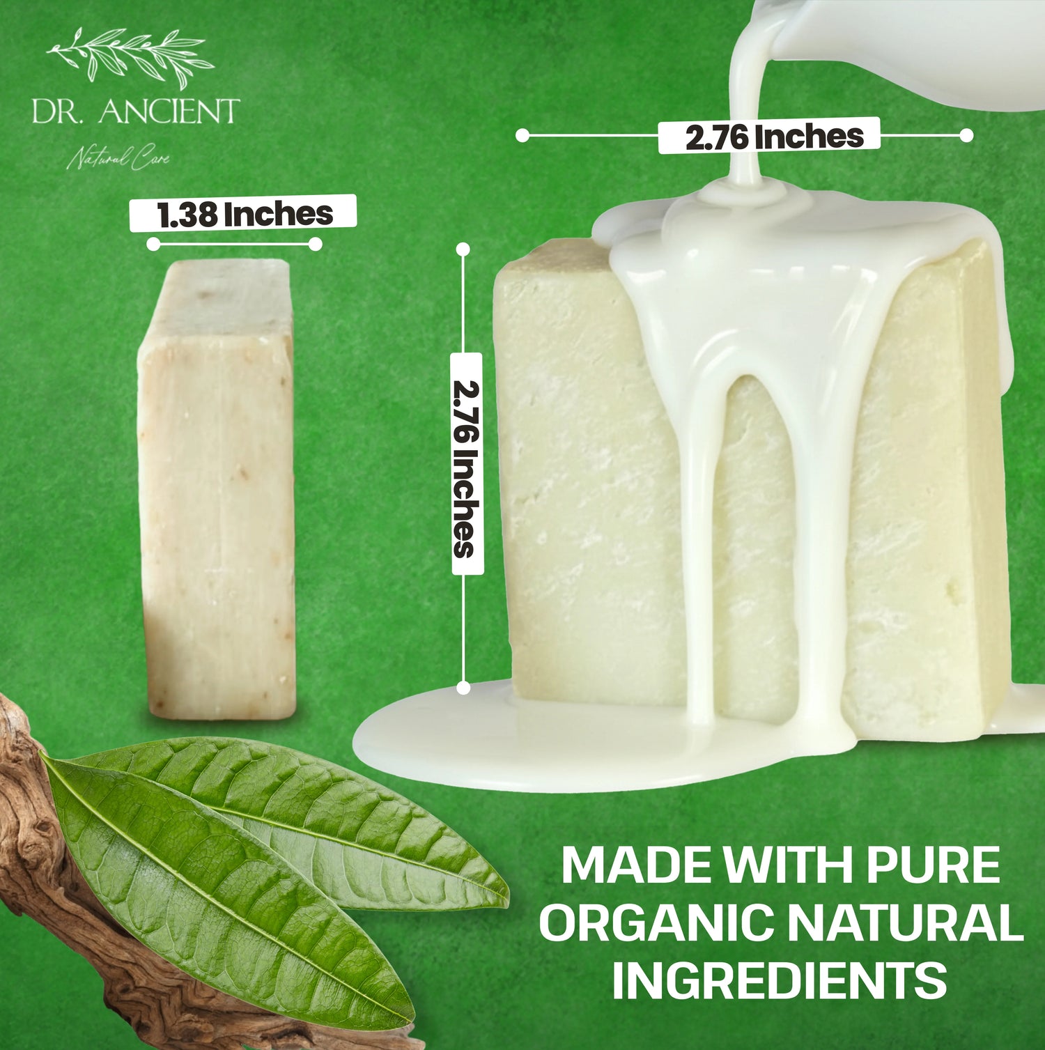 Dr. Ancient soap bars with measurements and a green background
