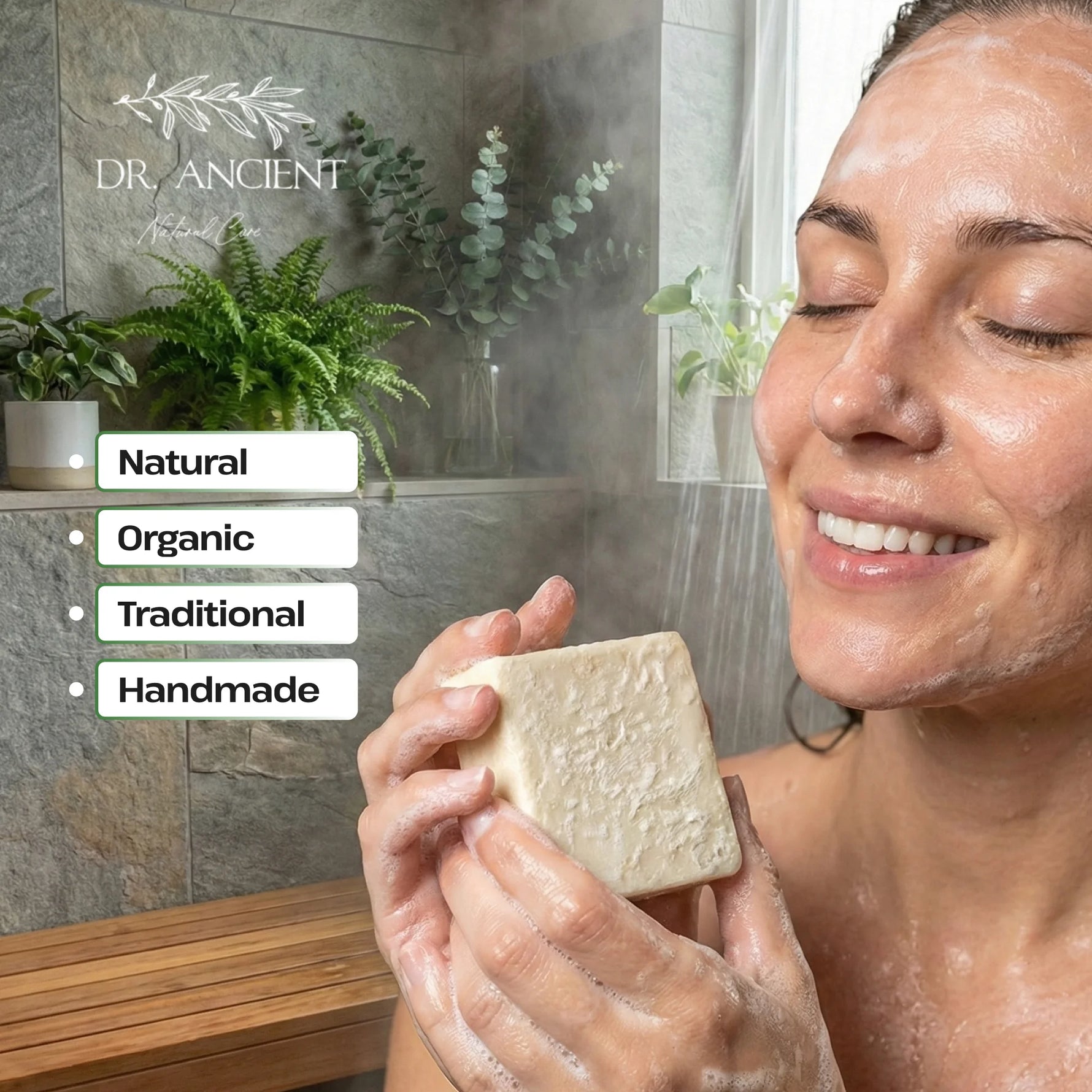 Woman holding a bar of soap with 'Dr. Ancient' branding, set against a bathroom background.