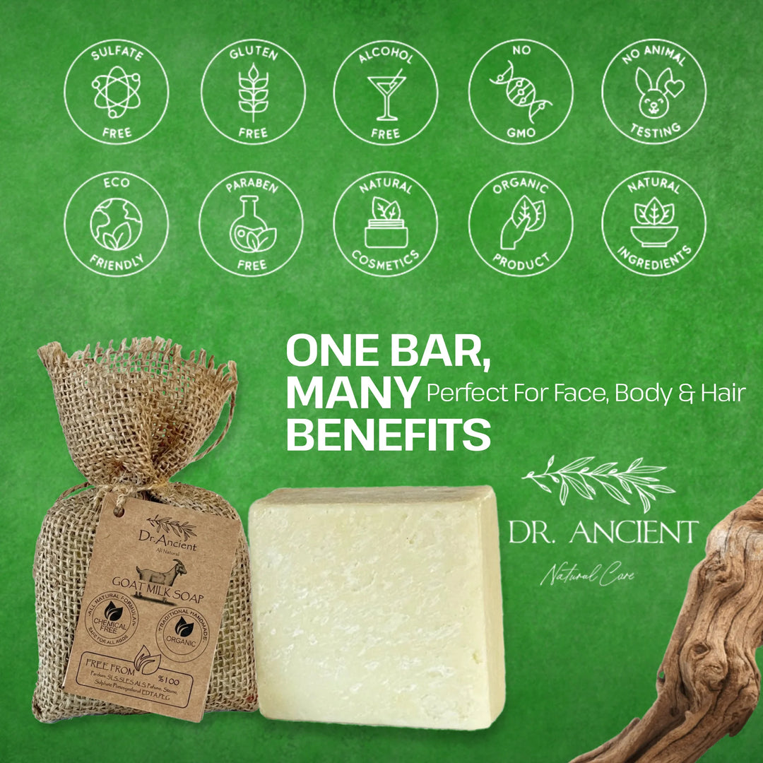 Dr. Ancient soap bar with packaging on a green background with brand icons.