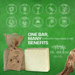 Dr. Ancient soap bar with packaging on a green background with brand icons.