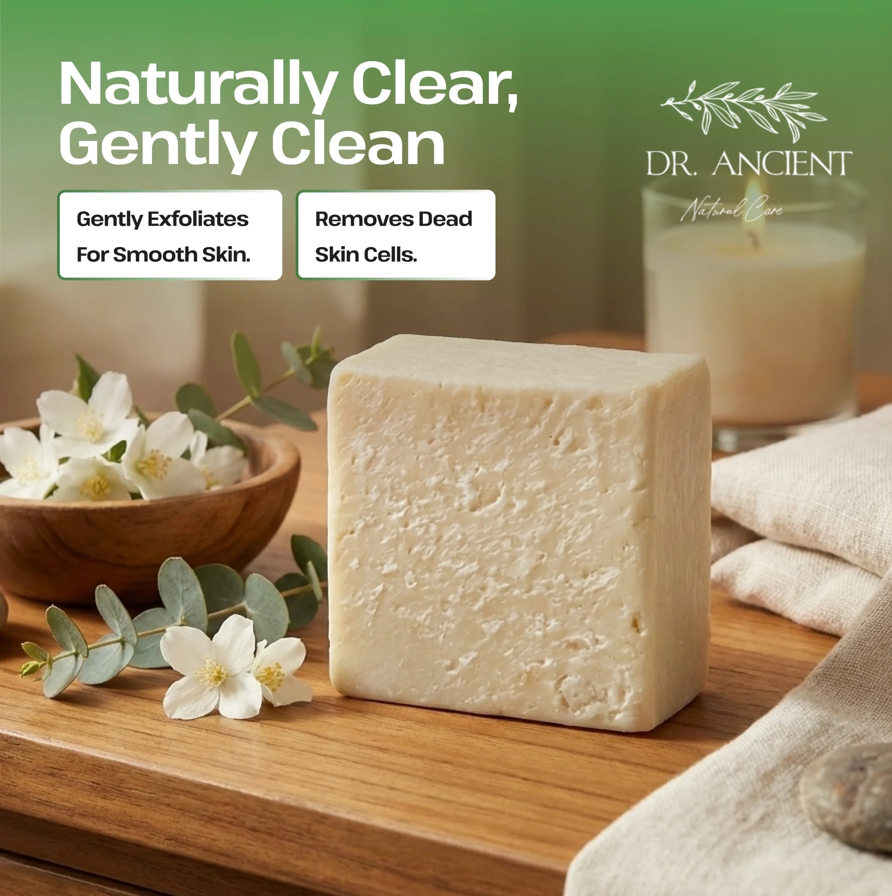 Block of soap on a wooden surface with flowers and a candle, featuring the Dr. Ancient brand.