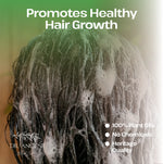 Promotional graphic for a hair care product showing wet, foamy dark hair with the text 'Promotes Healthy Hair Growth' and bullet points about plant oils and no chemicals. Brand name Dr.