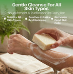 Hand holding a bar of soap with text about gentle cleanse for all skin types.