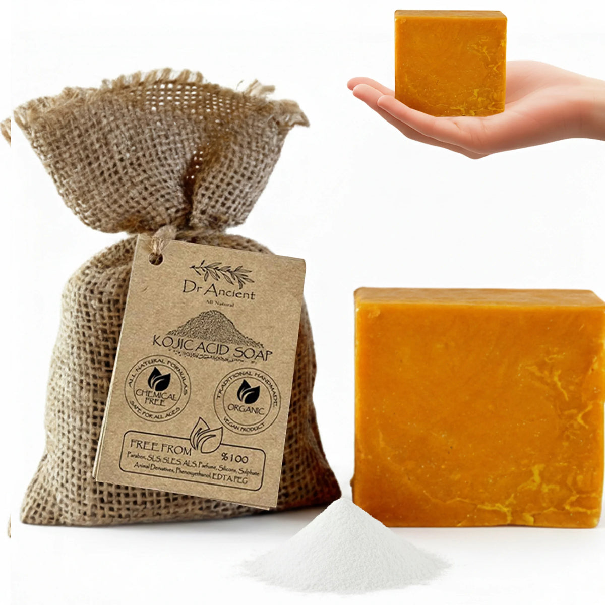 Kojic acid soap in a burlap bag with a hand holding a bar of soap on a white background