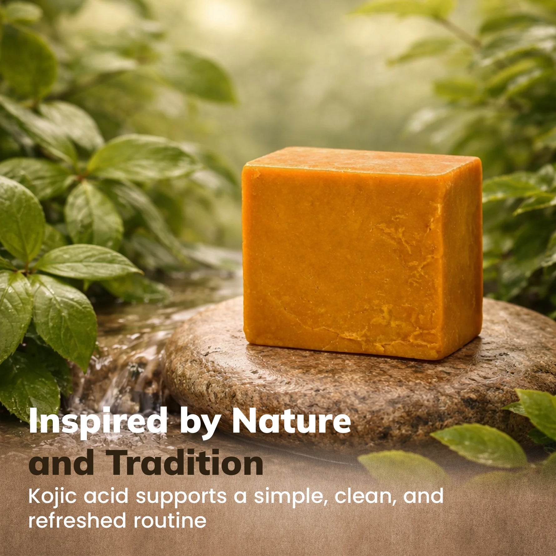 A rectangular bar of orange-yellow soap or shampoo bar standing on a stone outdoors, surrounded by green leaves and soft natural light. Text at the bottom reads: 'Inspired by Nature and Tradition' and 'Kojic acid supports a simple, clean, and refreshed routine.
