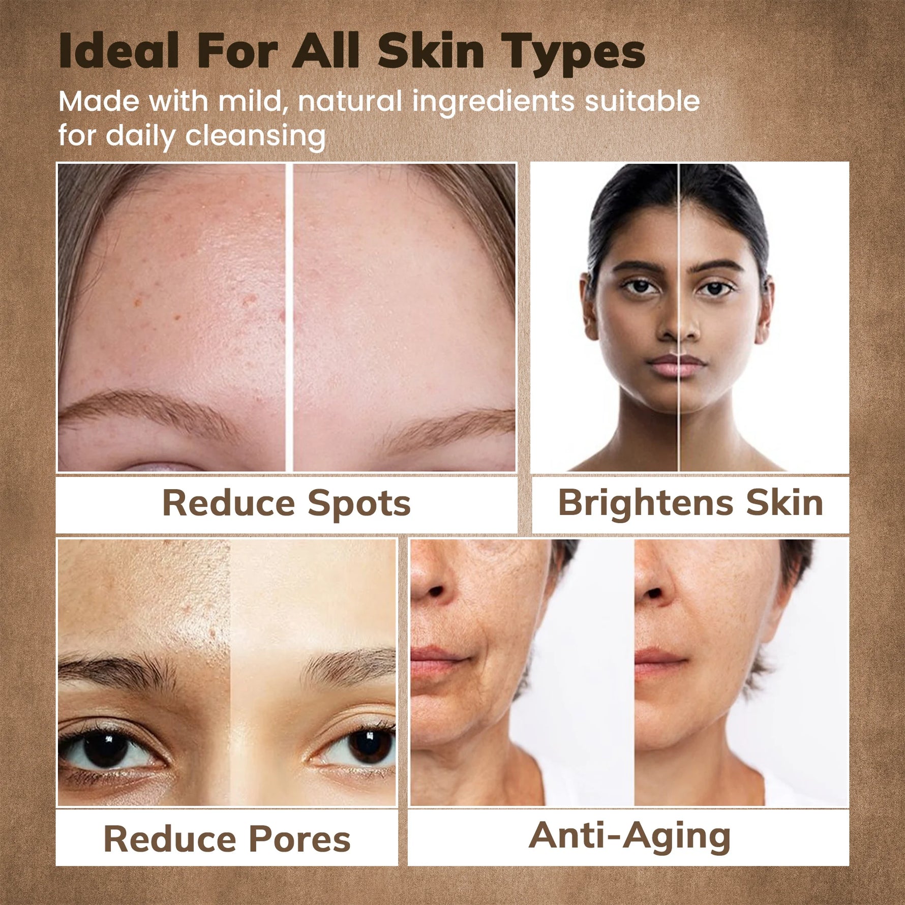 A skincare benefit infographic on a brown textured background with the headline 'Ideal For All Skin Types.' It includes text about mild, natural ingredients suitable for daily cleansing, four before/after-style facial close-ups showing reduced spots, brighter skin, reduced pores, and anti-aging results, and labels for each panel.
