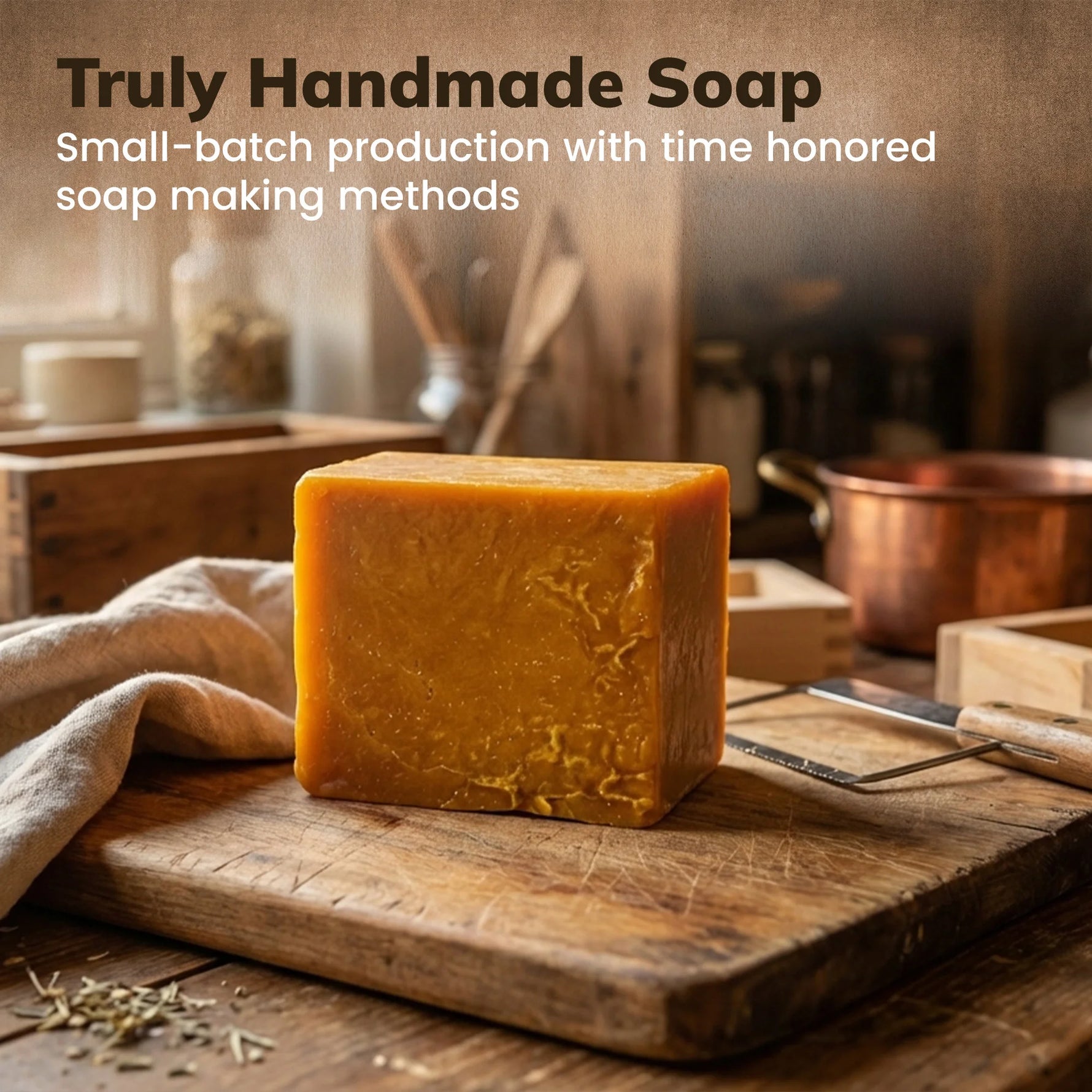A rectangular bar of orange-yellow handmade soap sits on a wooden cutting board in a rustic kitchen setting, with text at the top reading 'Truly Handmade Soap' and 'Small-batch production with time honored soap making methods.'.