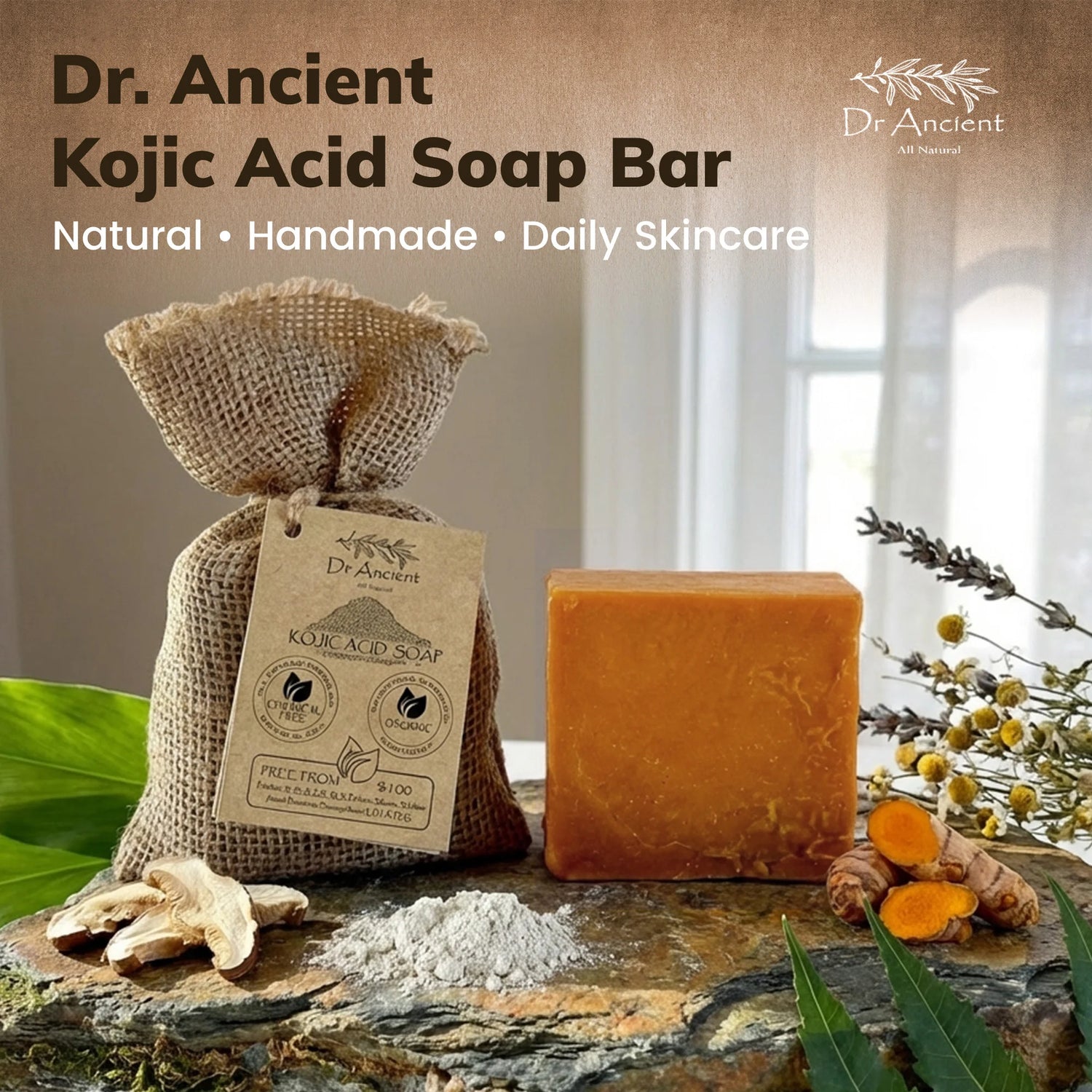 A bar of Dr. Ancient Kojic Acid Soap Bar displayed next to its burlap drawstring pouch packaging.