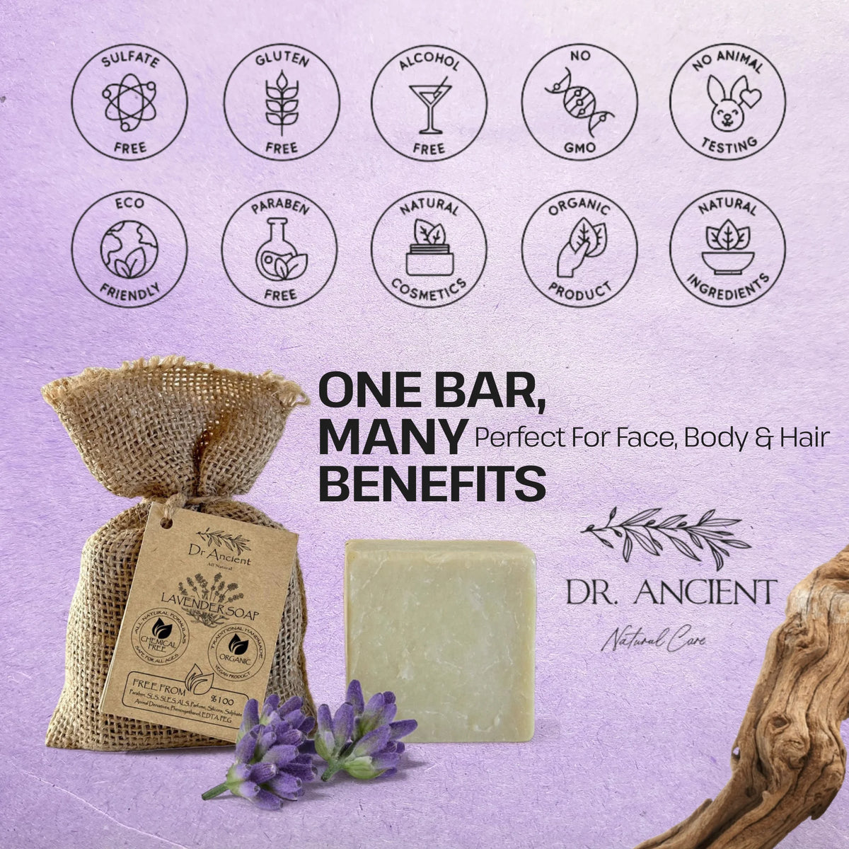 A bar of pale green soap displayed next to a burlap bag with a product tag, lavender flowers, and decorative wood on a lavender background with text and certification icons. Brand name Dr.