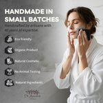 Woman applying facial mask with promotional text about eco-friendliness and natural ingredients.