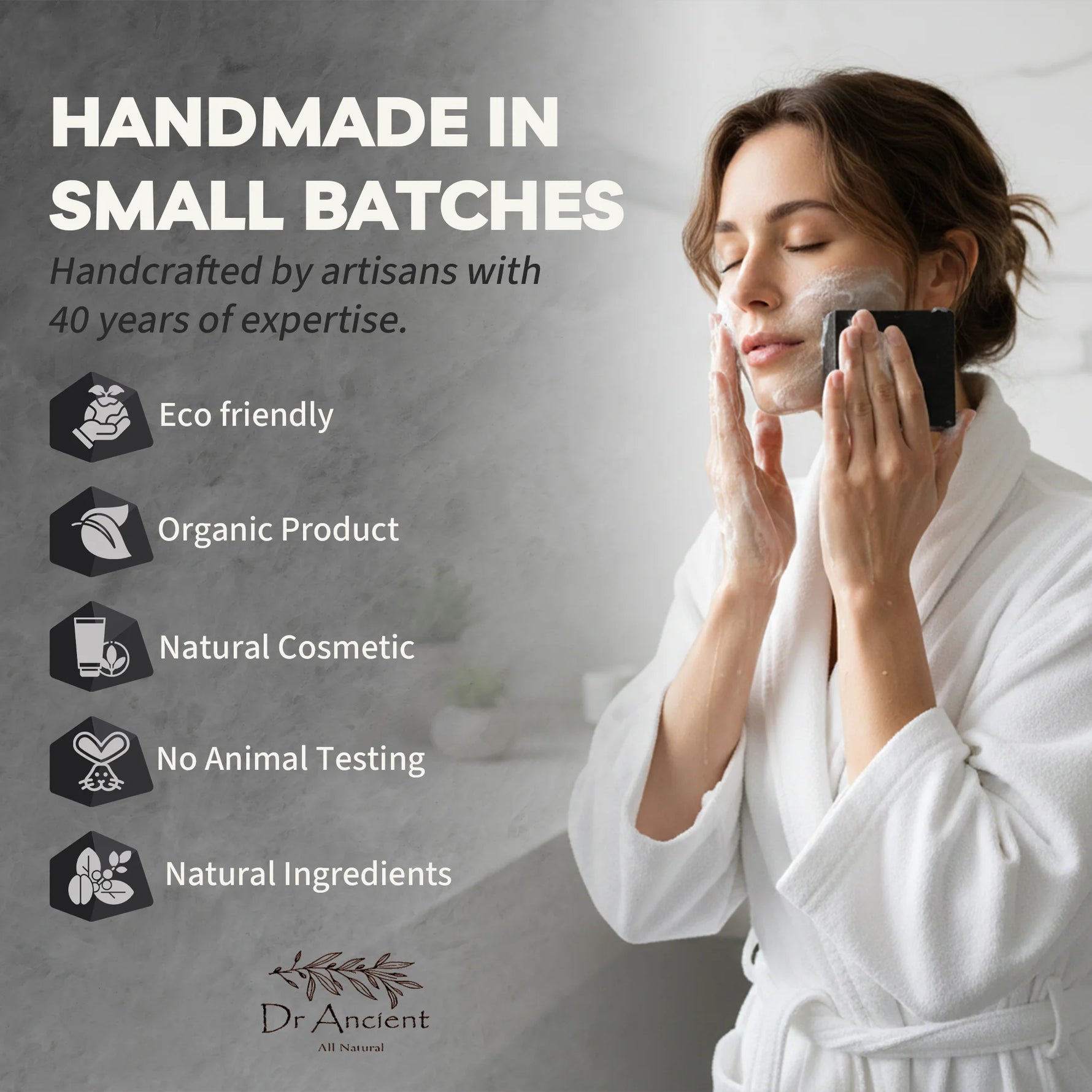 Woman applying facial mask with promotional text about eco-friendliness and natural ingredients.