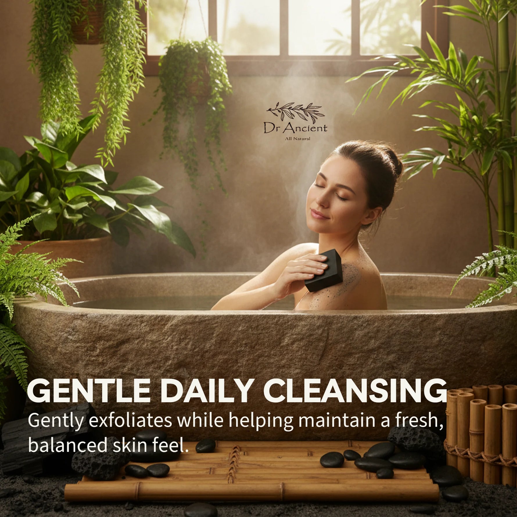 A woman sits in a stone bath tub surrounded by hanging green plants and steam, holding a cleansing sponge. Large text reads 'GENTLE DAILY CLEANSING' with supporting copy below, and the brand name 'Dr.