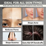 Product advertisement showing skin before and after use, with text highlighting benefits for various skin conditions.