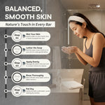 A promotional skincare graphic with a woman in a bathroom setting applying soap to her hands, alongside a step-by-step guide for proper lathering and rinsing. The left side features the text 'BALANCED, SMOOTH SKIN' and 'Nature's Touch in Every Bar,' with five numbered steps.
