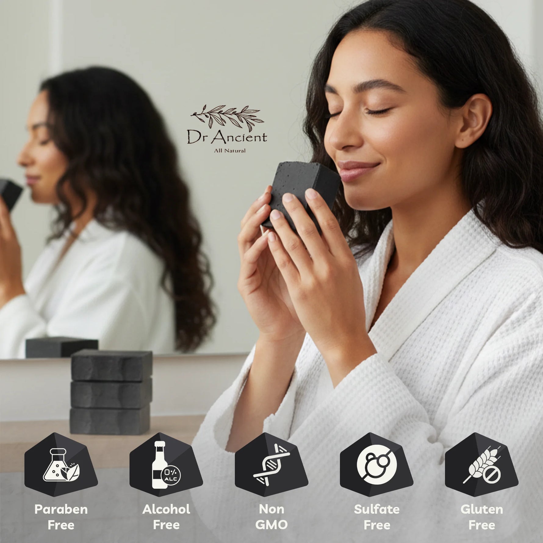 Woman in a white robe holding a black container with 'Dr. Ancient' branding, surrounded by product icons indicating free ingredients.