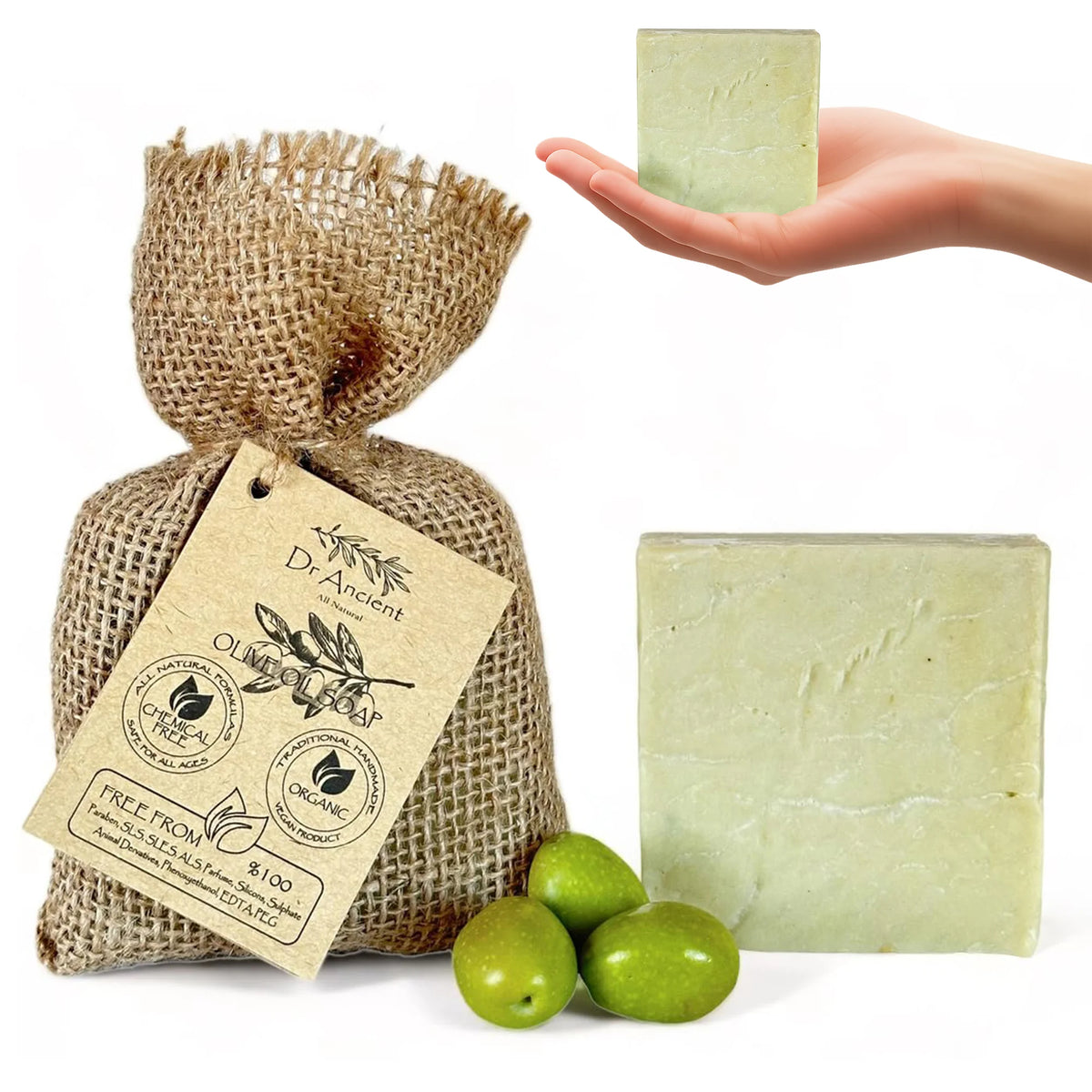 Dr. Ancient olive oil soap with a burlap bag and olives on a white background