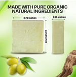 A bar soap product shown on a light green graphic background with text reading 'MADE WITH PURE ORGANIC NATURAL INGREDIENTS.' The main subject is a pale yellow-green rectangular soap bar, with a smaller side view and measurement labels in inches.