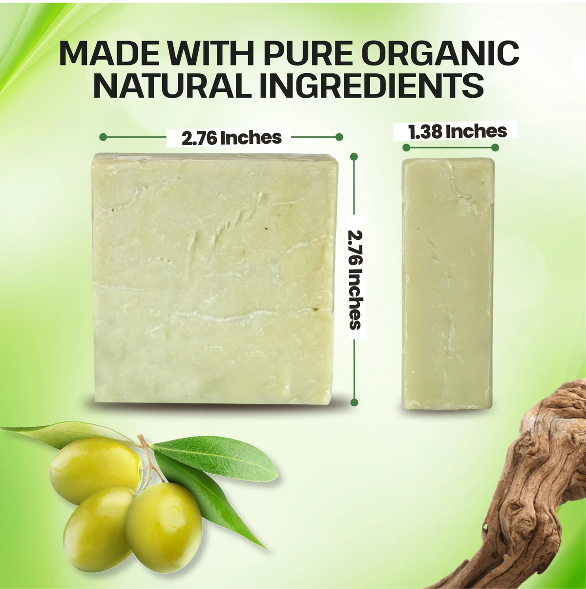 A bar soap product shown on a light green graphic background with text reading 'MADE WITH PURE ORGANIC NATURAL INGREDIENTS.' The main subject is a pale yellow-green rectangular soap bar, with a smaller side view and measurement labels in inches.