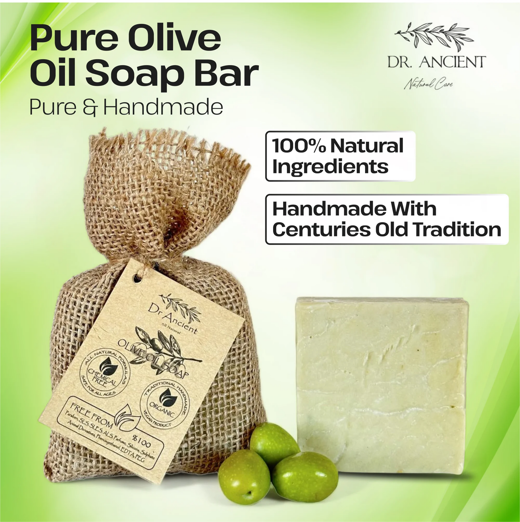 A bar of Dr. Ancient Pure Olive Oil Soap shown with a burlap bag, olive branch tag, and three green olives on a light green background with promotional text.