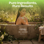 A woman sits in a stone tub outdoors with lush greenery and herbs around her, holding a small green bottle. Large text at the top reads 'Pure Ingredients, Pure Results' and the tub displays the brand 'DR.