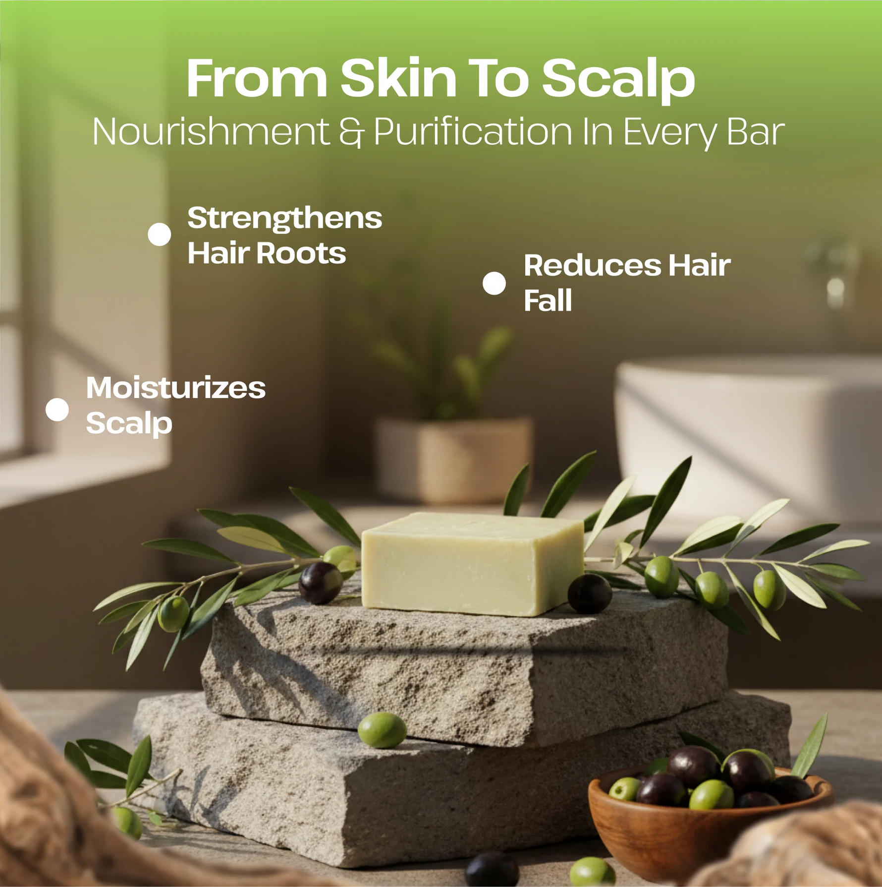 Bar of soap on a stone surface with olives and leaves, promoting skin and scalp care.
