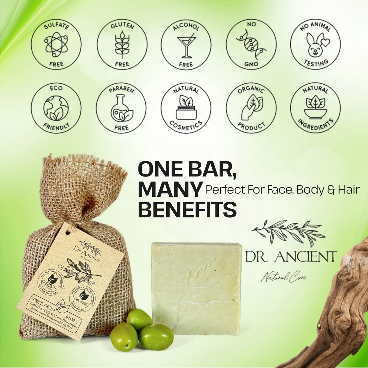 Dr. Ancient natural soap bar with packaging and green olives on a light green background
