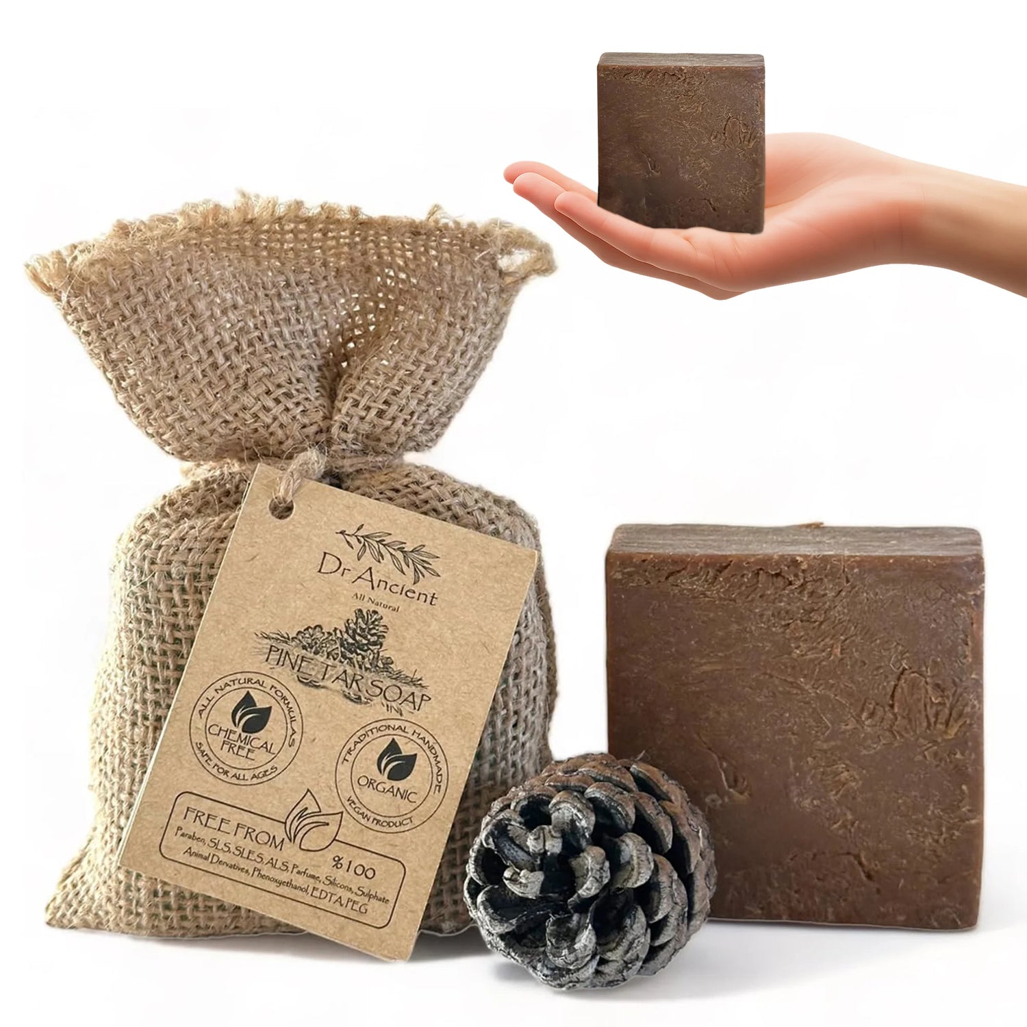 Dr. Incident soap with a burlap bag and pine cone on a white background