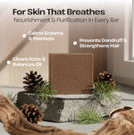 Brown soap bar on a stone platform with decorative elements and text about skincare benefits.