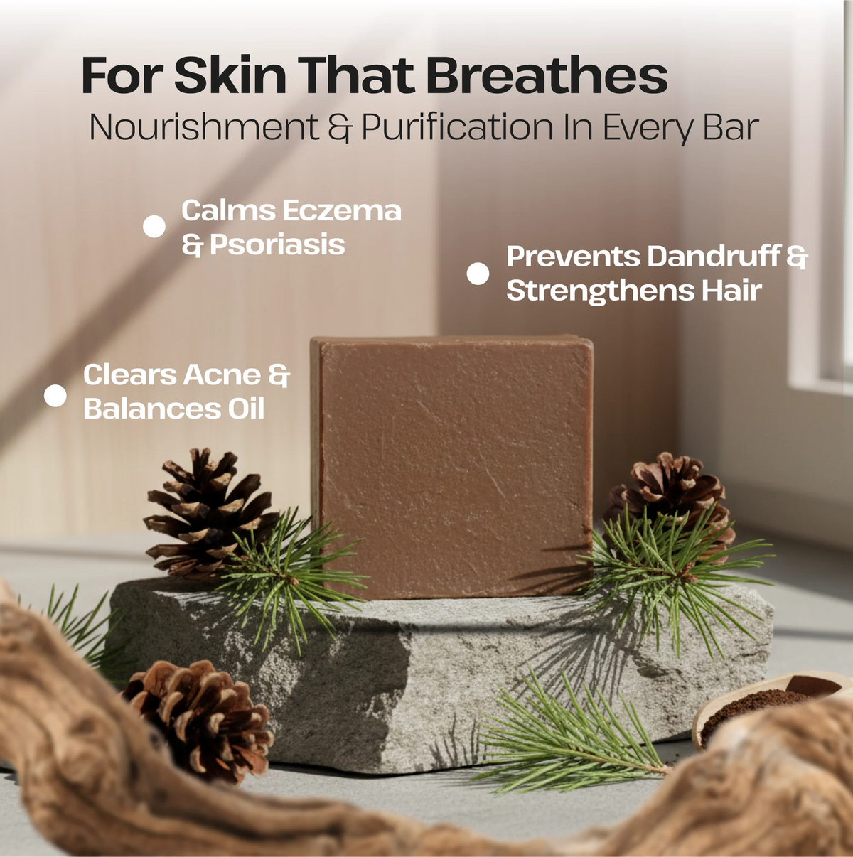 Brown soap bar on a stone platform with decorative elements and text about skincare benefits.