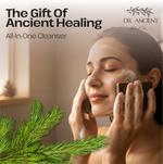 A woman with a foaming cleanser on her face holds dark cleansing stones against her cheeks, with green pine branches in the foreground and text reading 'The Gift Of Ancient Healing' and 'All-In-One Cleanser' plus the brand 'DR. ANCIENT Natural.