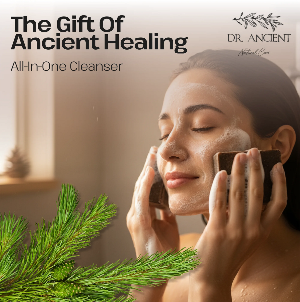 A woman with a foaming cleanser on her face holds dark cleansing stones against her cheeks, with green pine branches in the foreground and text reading 'The Gift Of Ancient Healing' and 'All-In-One Cleanser' plus the brand 'DR. ANCIENT Natural.
