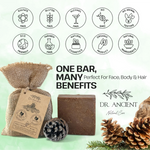 Dr. Ancient natural soap bar with packaging and decorative elements on a light green background