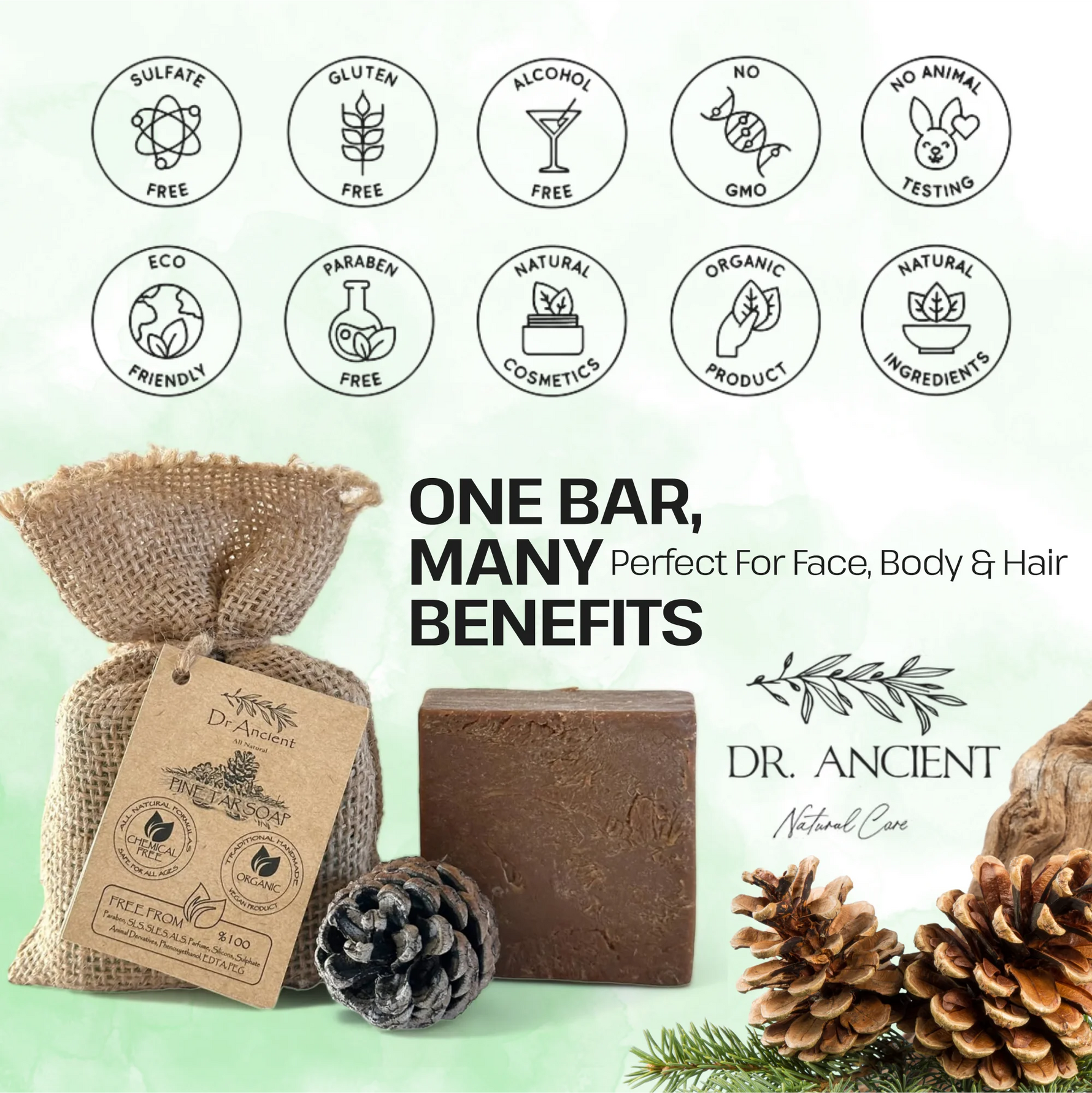 Dr. Ancient natural soap bar with packaging and decorative elements on a light green background