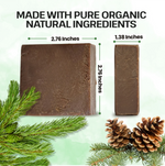Two soap bars with dimensions labeled, surrounded by greenery and pine cones on a light green background.