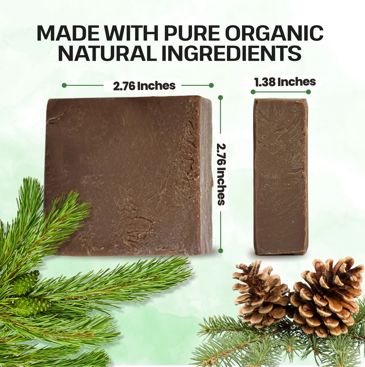 Two soap bars with dimensions labeled, surrounded by greenery and pine cones on a light green background.