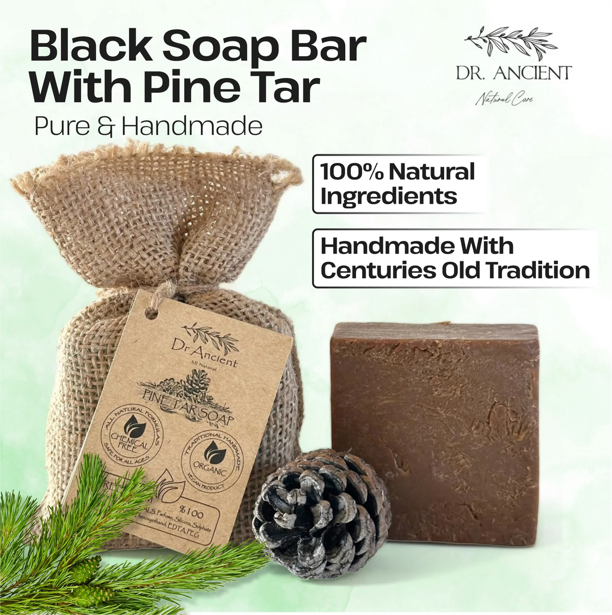 Black soap bar with pine tar from Dr. Ancient on a light green background
